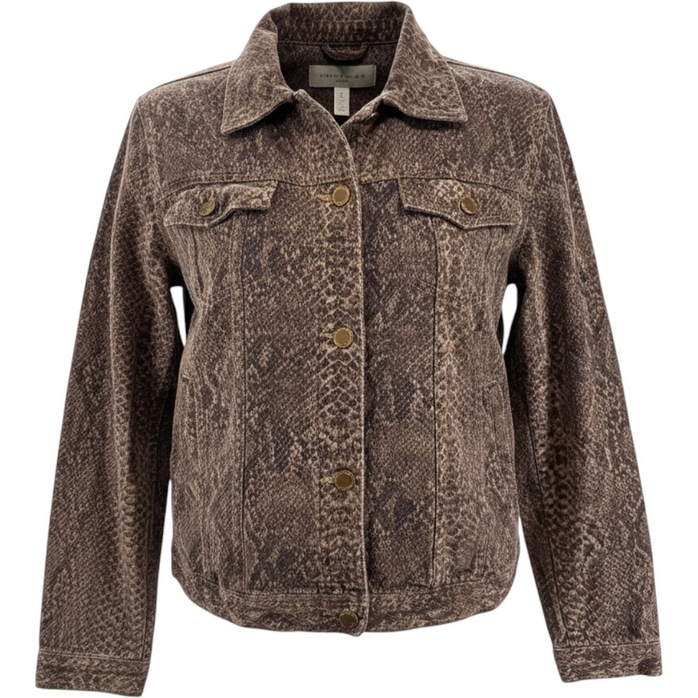 Chaps Womens Brown Snakeskin Print Denim Trucker Jacket Size M Cotton Stretch
